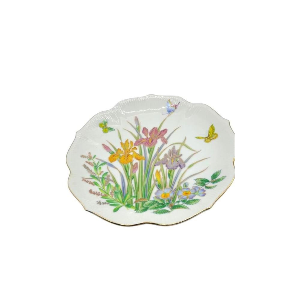 9" Ceramic Plate Iris Butterfly Flowers Scalloped Embossed Gold Trim Japan Vtg